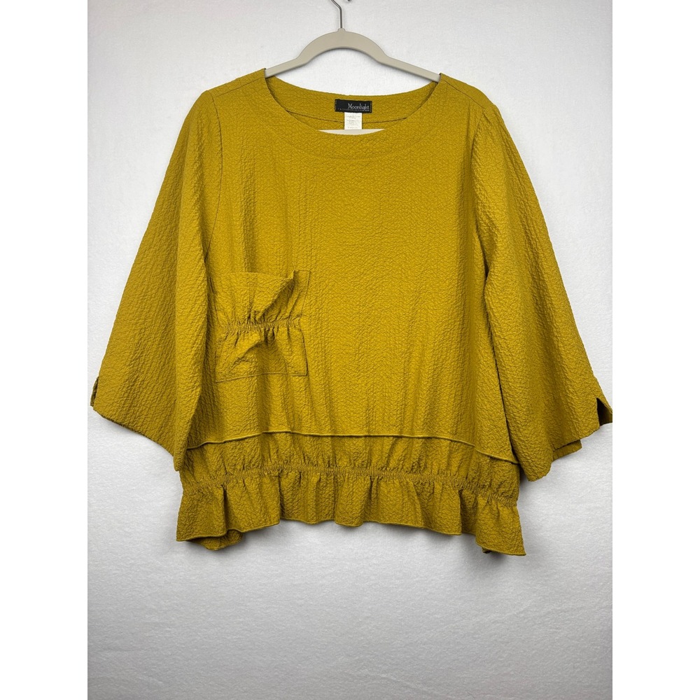 Moonlight Blouse Womens L Textured Ruffle Hem Peplum Pocket 3/4 Sleeve Top